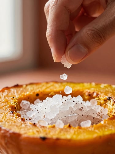 Macro close-up of flaky smoked sea salt being hand-pinched over a roasted heirloom squash, warm directional side-light, soft shadows, rich terracotta background