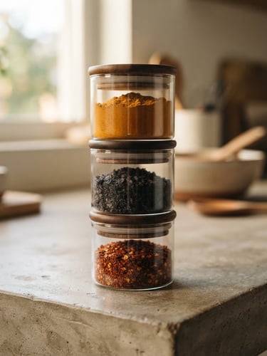 A close-up of three stackable glass jars filled with textured spices—coarse terracotta-colored chili flakes, dark charcoal salt, and golden turmeric—arranged on a minimalist concrete countertop under soft afternoon window light.