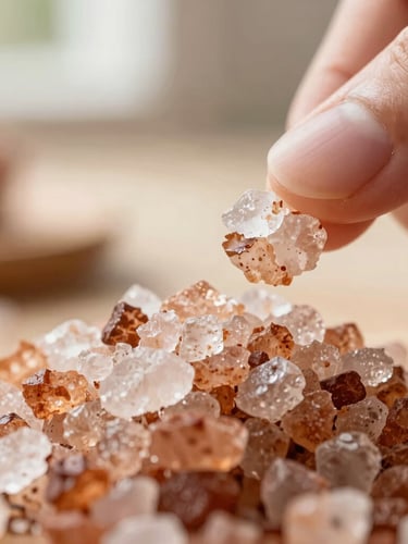 Macro close-up of coarse, flaky smoked sea salt being pinched by hand, warm directional side-light highlighting the crystalline textures, shallow depth of field
