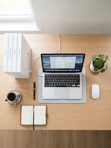 Overhead flat-lay of an impeccably organized modern desk with a laptop, neatly aligned labeled folders, and a pen under bright natural daylight