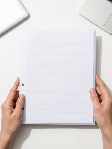 Overhead flat-lay of an organized desk, hands holding a neatly labeled file folder, clean workspace aesthetic, bright daylight, 35mm