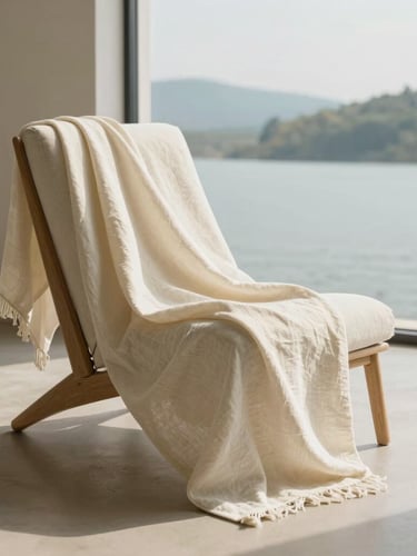 Soft diffused daylight falling on a perfectly smooth linen throw draped over a minimalist lounge chair in a lakeside home, warm cream tones, quiet negative space.