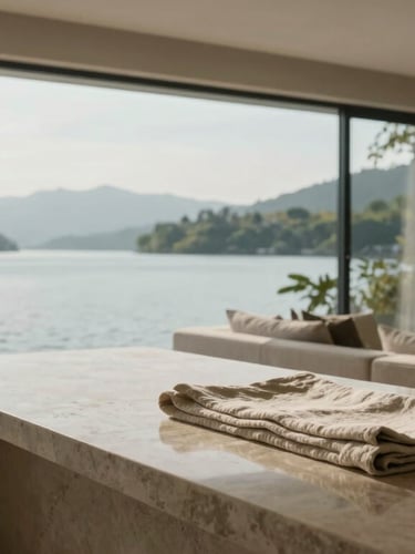 Architectural interior portrait of a sunlit, immaculate lakefront living room. Soft, diffused daylight illuminates polished stone countertops and a perfectly folded linen throw. Quiet, serene atmosphere.