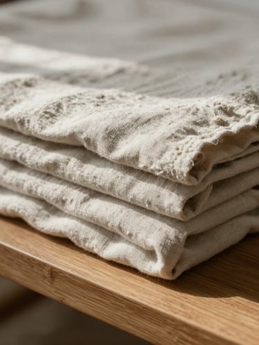 A tight, artistic macro crop of soft, textured linen sheets folded neatly on a minimalist wooden bench, diffused north-facing natural daylight casting gentle shadows.