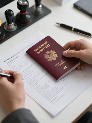 Close-up of hands reviewing an open passport and completed visa application form on a clean desk, overhead practical office lighting, stamps and a pen in sharp focus, documents precisely aligned