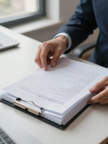 Close-up of hands carefully reviewing a candidate's document folder on a well-lit office counter, papers fanned out with handwritten notes visible, natural window light from the left side