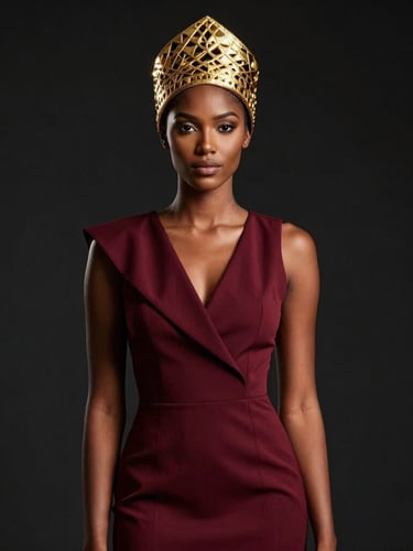 High-fashion editorial portrait of a Miss Guineana Digital queen wearing a structured gold-patterned headpiece and wine-red modern gown, dramatic studio lighting, dark background, 85mm