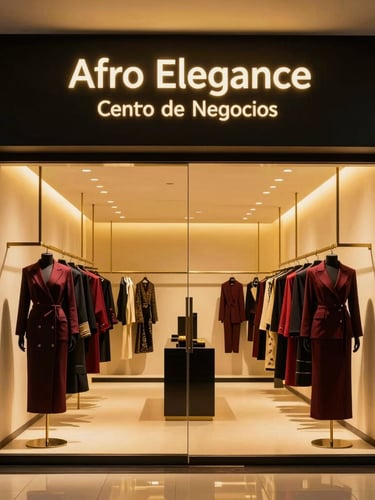 Atmospheric wide-angle architectural shot of the premium Afro Elegance Digital showroom in MerkaGuinea Centro de Negocios, warm golden lighting, minimalist luxury displays with hanging structured garments, deep obsidian accents