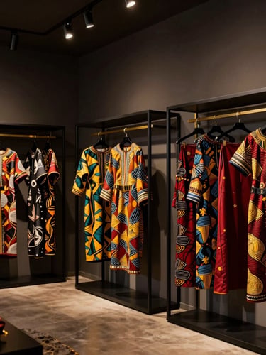 Elegant interior of a high-end fashion showroom in Malabo, minimalist black clothing racks with vibrant African print garments, warm spotlighting illuminating gold details, luxurious atmosphere