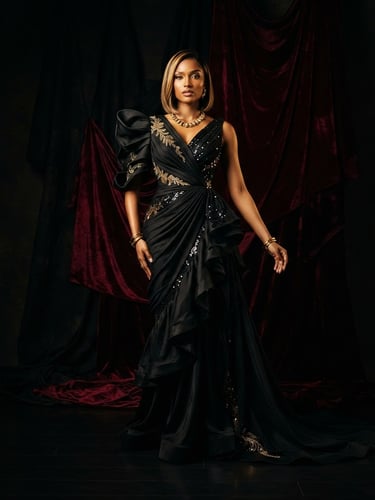 High-fashion editorial portrait of Rebeca Mangue, elegant full-body pose, dramatic studio lighting with golden highlights, rich black and deep wine-red background, 85mm
