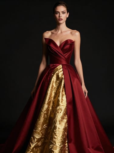 High-fashion editorial portrait of Rebeca Mangue in a structured crimson and gold gown, dramatic studio lighting with golden highlights, rich black background, 85mm