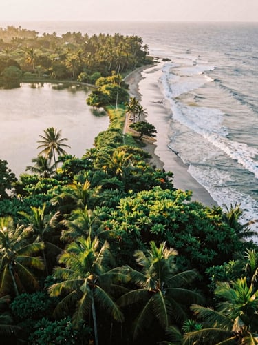 Aerial view of a thin strip of tropical land, showing calm, reflective backwaters on one side and dynamic, wave-crashing ocean on the other, lush green vegetation in the foreground, golden hour light, 35mm film.