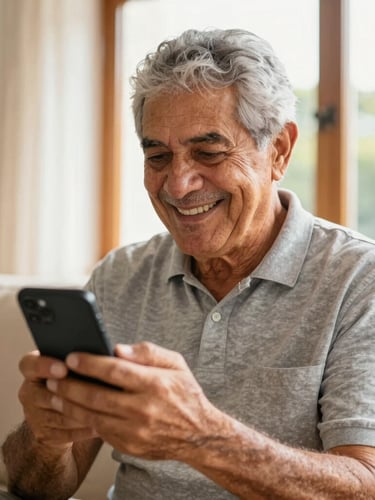 Warm environmental portrait of a smiling retired Brazilian man in his sunlit living room looking at his smartphone, natural window lighting, high-quality editorial photography