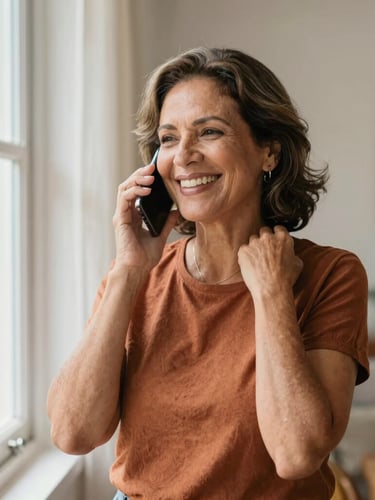 A smiling Brazilian woman in her 50s talking happily on her phone near a bright window, warm daylight, authentic cozy home setting, soft focus background