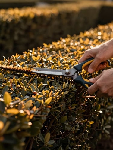 Close-up of hands carefully trimming a formal hedge with professional shears, golden-hour light highlighting the perfectly straight clean edge, warm editorial, high-contrast