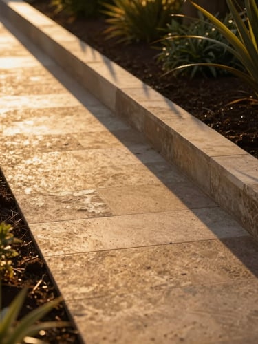 A sun-drenched architectural garden path in Perth, manicured limestone borders, warm golden-hour light casting long elegant shadows, rich dark brown soils, 35mm photography