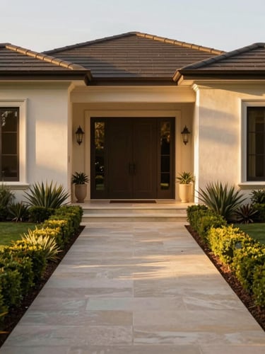 Symmetrical architectural shot of a luxury Perth estate exterior, clean limestone pathways, pristine manicured garden borders, warm golden-hour sunlight, 35mm photography