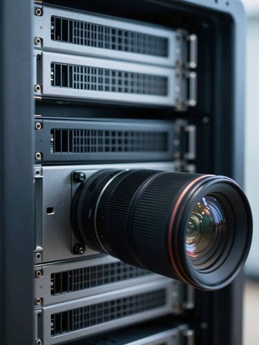 Macro photography of clean server rack architecture, cool diffused blue and gray tones, high-end architectural lens, technical precision focus.