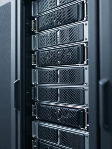Extreme macro detail of high-density server rack architecture, cool diffused blue and gray tones, desaturated editorial corporate photography, high-end architectural lens