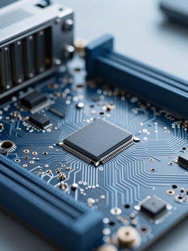 Extreme close-up of a high-performance server motherboard, cool blue and gray tones, diffused office daylight, architectural lens focusing on intricate circuit paths.