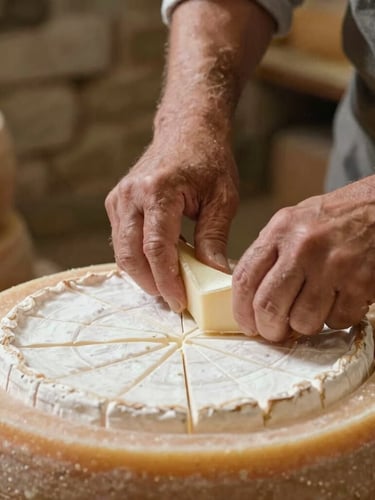 Close-up of weathered hands of an artisan cheese maker carefully turning a wheel of Saint-Nectaire cheese in a dim, historic stone aging cellar in Auvergne, soft warm ambient light, 35mm editorial photography.