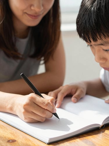 Candid close-up of a tutor guiding a student's hand writing on a notebook, bright natural daylight, warm colors, shallow depth of field