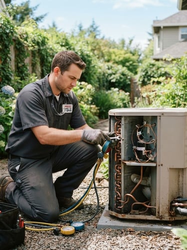 A local Prime Canby AC Repair technician in uniform, kneeling beside an outdoor AC condenser unit in a residential backyard in Canby, Oregon. Bright natural daylight, 35mm lens, crisp details, cool metallic and warm orange tones.