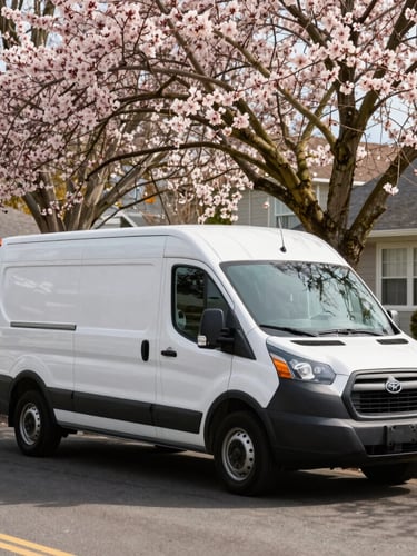A clean, modern Prime Canby AC Repair service van parked on a quiet residential street in Canby, Oregon, with blooming trees in the foreground. Bright natural daylight, 35mm lens, cool metallic and warm orange tones.