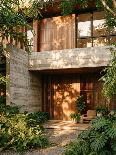 Warm architectural photography of Allera Grove residential exterior, golden-hour sunlight filtering through tropical leaves onto raw concrete and rich teak wood walls, 35mm lens