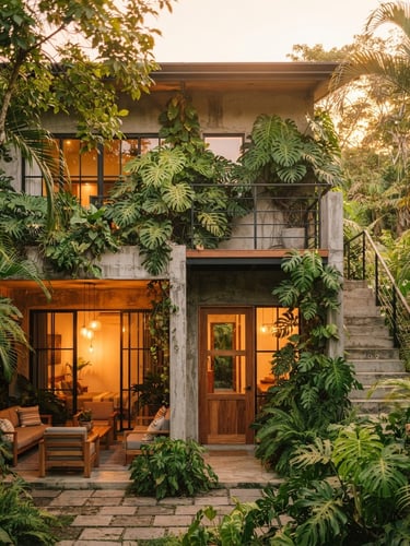 Warm architectural photography of a modern tropical industrial house facade, raw concrete walls blended with lush green monstera foliage, glowing warm lighting, golden hour