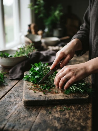 Moody Scandinavian food photography, close-up of hands prepping fresh herbs on a rustic wooden table, soft natural window light, rich carmine and forest green tones, shallow depth of field, 35mm