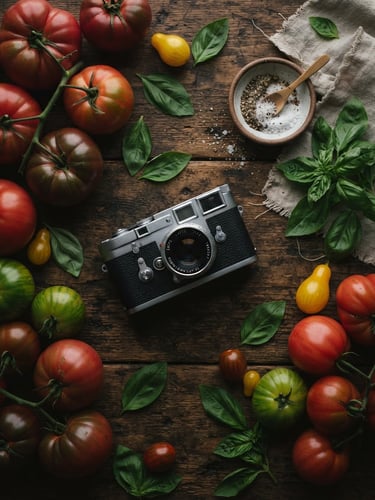 Overhead flat-lay of raw heirloom tomatoes, fresh basil leaves, and a vintage camera on a rustic wooden table, soft natural window light, moody shadows, rich carmine and forest green tones, shallow depth of field, 35mm.