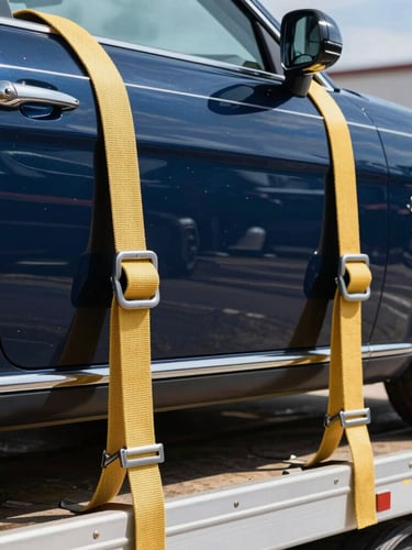Close-up of secure tie-down straps holding a classic car onto a professional auto carrier, bright natural daylight, crisp focus, rich deep navy and gold tones.