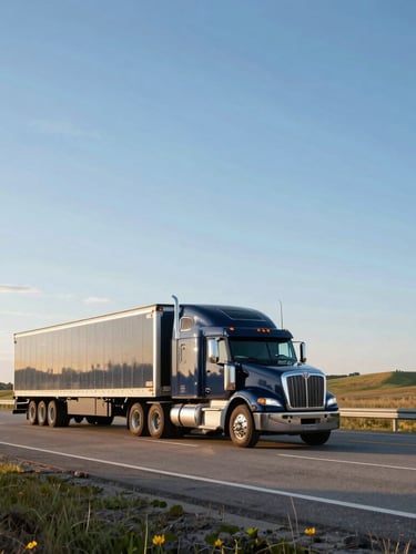 Wide shot of a professional multi-car transport carrier driving on a clean, modern highway (I-94) in Wisconsin, bright morning daylight, low horizon, expansive sky, with rolling hills in the background, sharp focus, 35mm lens.