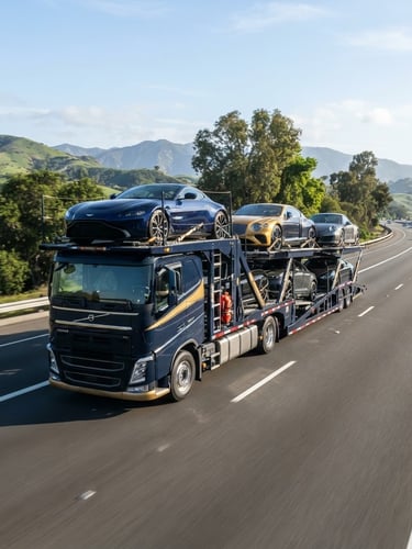 Wide panoramic shot of a modern multi-car transport carrier on a clean highway, bright morning daylight, crisp focus, a luxury car visible on the upper deck, deep navy and gold tones, professional editorial commercial photography.
