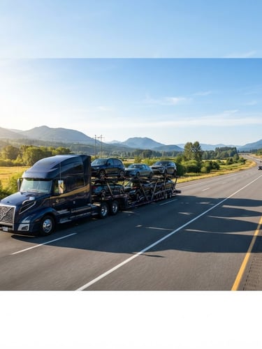 Wide panoramic view of a modern multi-car transport carrier driving on an open highway under bright morning daylight, with a clear sky, rich deep navy and gold tones, sharp focus, 35mm lens. The carrier is positioned to the left, with expansive highway stretching to the right.