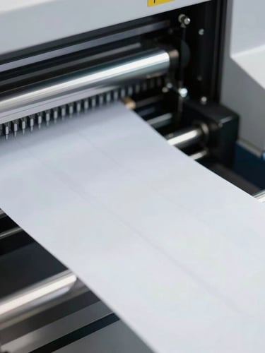 Macro shot of a high-speed industrial printing press cutting precise white labels, clean manufacturing environment, bright cool daylight, 50mm lens