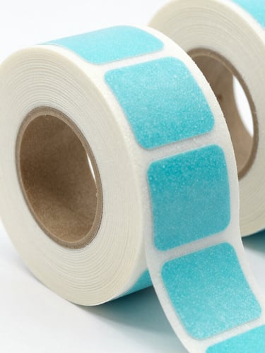 Macro shot of pristine rolls of die-cut adhesive labels on a clean industrial spool, bright clean studio lighting, high-contrast cyan and slate tones, 50mm lens