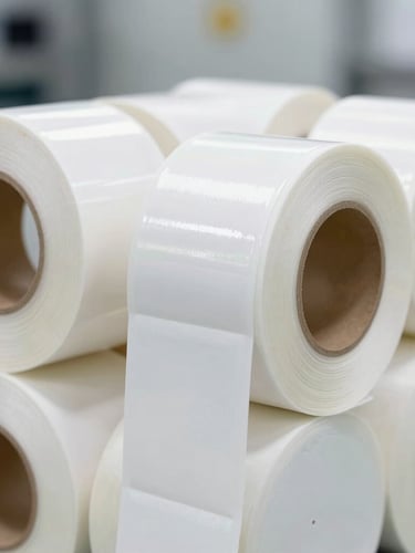 Close-up of pristine rolls of die-cut BOPP labels stacked neatly in a clean, modern manufacturing facility, sharp focus, high-contrast industrial tones