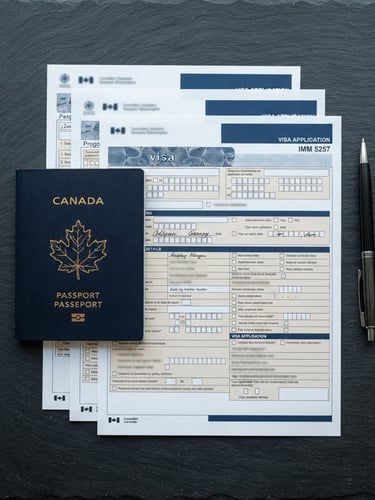 Precise top-down flat-lay of a Canadian passport, structured visa application forms, and a sleek pen on a clean slate surface, crisp morning light, deep blue tones.