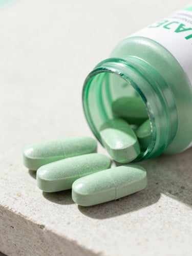 Macro close-up of a sleek minimalist green supplement bottle on a clean stone surface, bright natural daylight, sharp focus