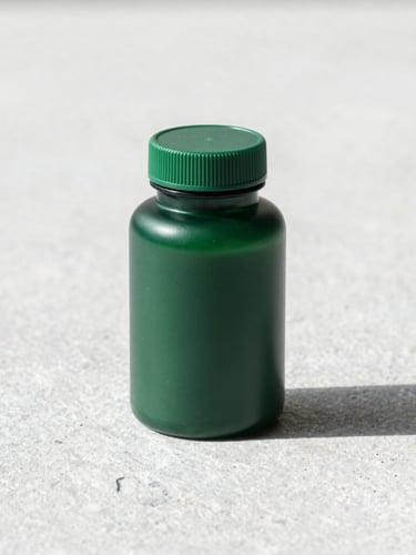 Sleek minimalist green supplement bottle on a clean grey stone surface, sharp focus, bright natural daylight, high-end product design