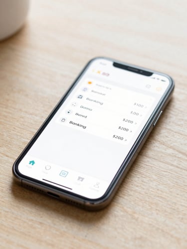 Close-up of a secure modern smartphone displaying a clean banking application interface on a bright wooden table, soft morning daylight, professional navy and white tones, sharp focus.