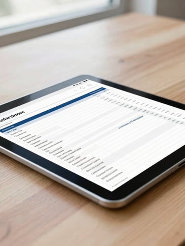 Close-up of a secure digital tablet on a clean wooden desk showing a clear financial spreadsheet, bright natural daylight from a nearby window, professional navy and white tones, sharp focus, 35mm.