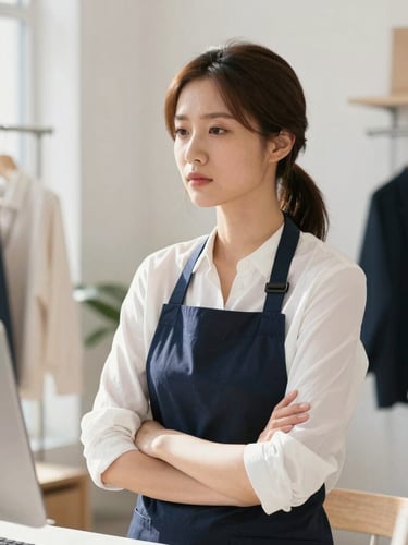Bright editorial photograph of a female small business owner in a sunlit retail shop, looking focused and relieved, clean natural daylight, professional navy and white tones, sharp focus, 35mm