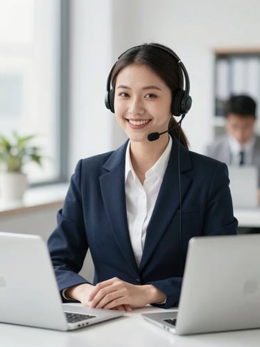 A professional customer support specialist smiling in a bright, modern office setting, clean natural daylight, navy and white tones, sharp focus, 35mm