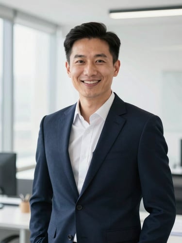 Professional portrait of a financial leader in a bright, modern office setting, friendly and confident expression, high-key natural lighting, navy and white tones, 35mm