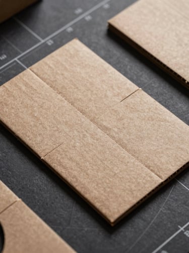 Macro overhead flat lay of a cardboard packaging structural prototype, showing crisp die-cut fold lines and precise scoring on a dark technical drawing surface, dramatic side lighting.