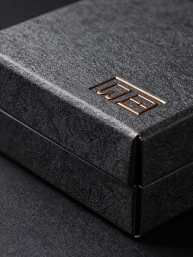 Macro studio photography of a sharp, embossed dark charcoal rigid box with precise industrial bronze foil stamping, dramatic side lighting, deep shadows