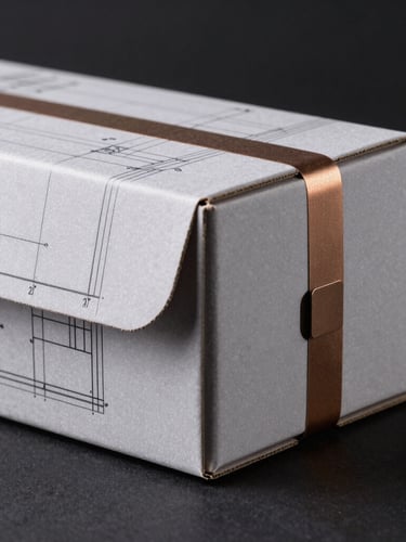 A technical CAD drawing of a packaging box structure overlaid on a physical prototype with precise die-cut fold lines, industrial bronze accents, studio lighting